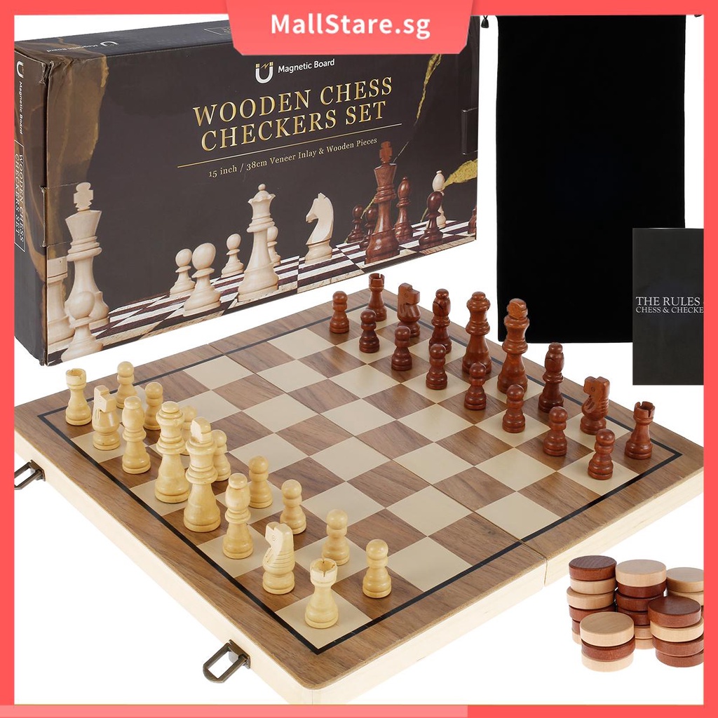 56Pcs Chess and Checkers Set Chess Game Set Wooden 2-in-1 Board Game ...