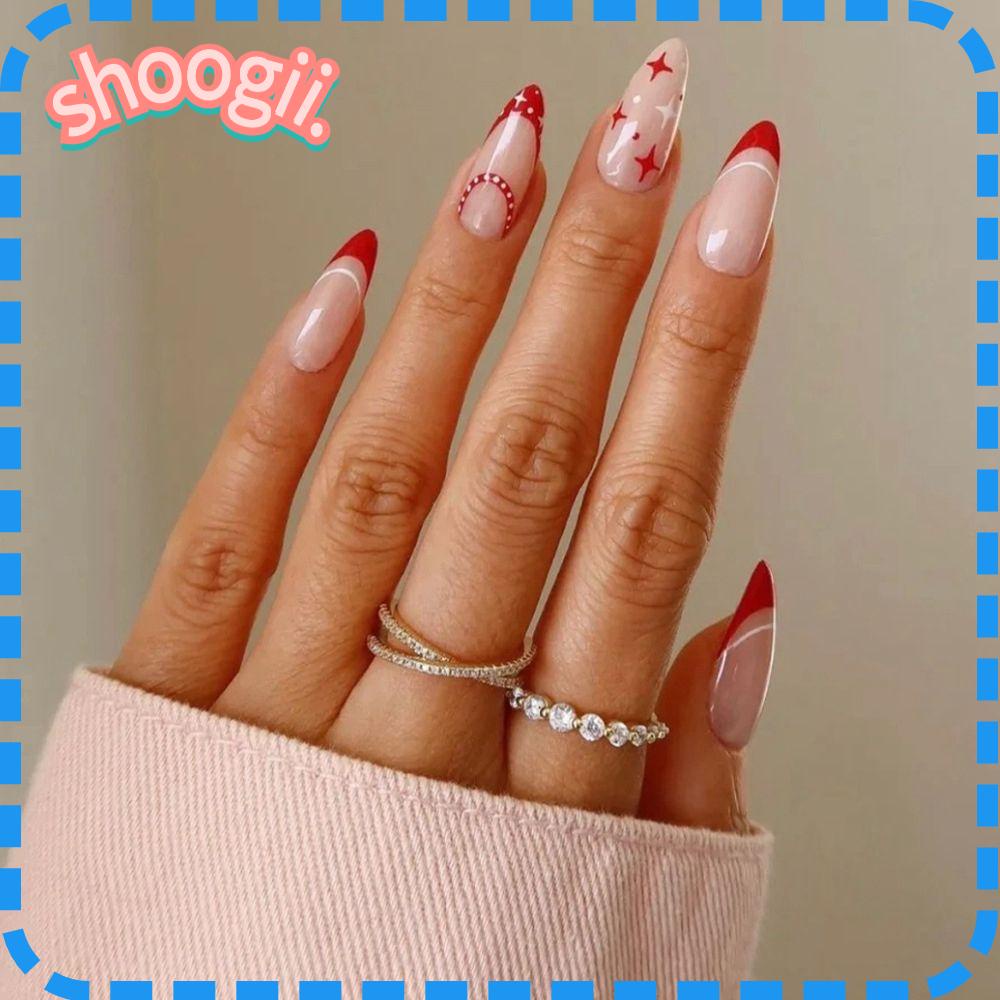 24Pcs Almond False Nails with Glitter Powder Pink French Fake Nails  Rhinestones Design Press on Nails Wearable Stiletto Nails