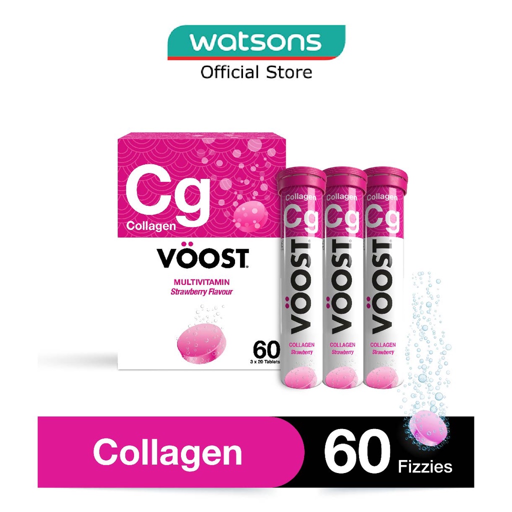 VOOST Multivitamin Effervescent Tablet Collagen Strawberry 20s Trio Packset 3 Tubes x 60s