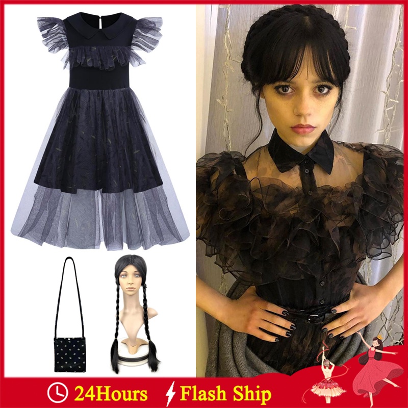 Wednesday Addams Cosplay Costume Black Mesh Dress With Wig Halloween ...