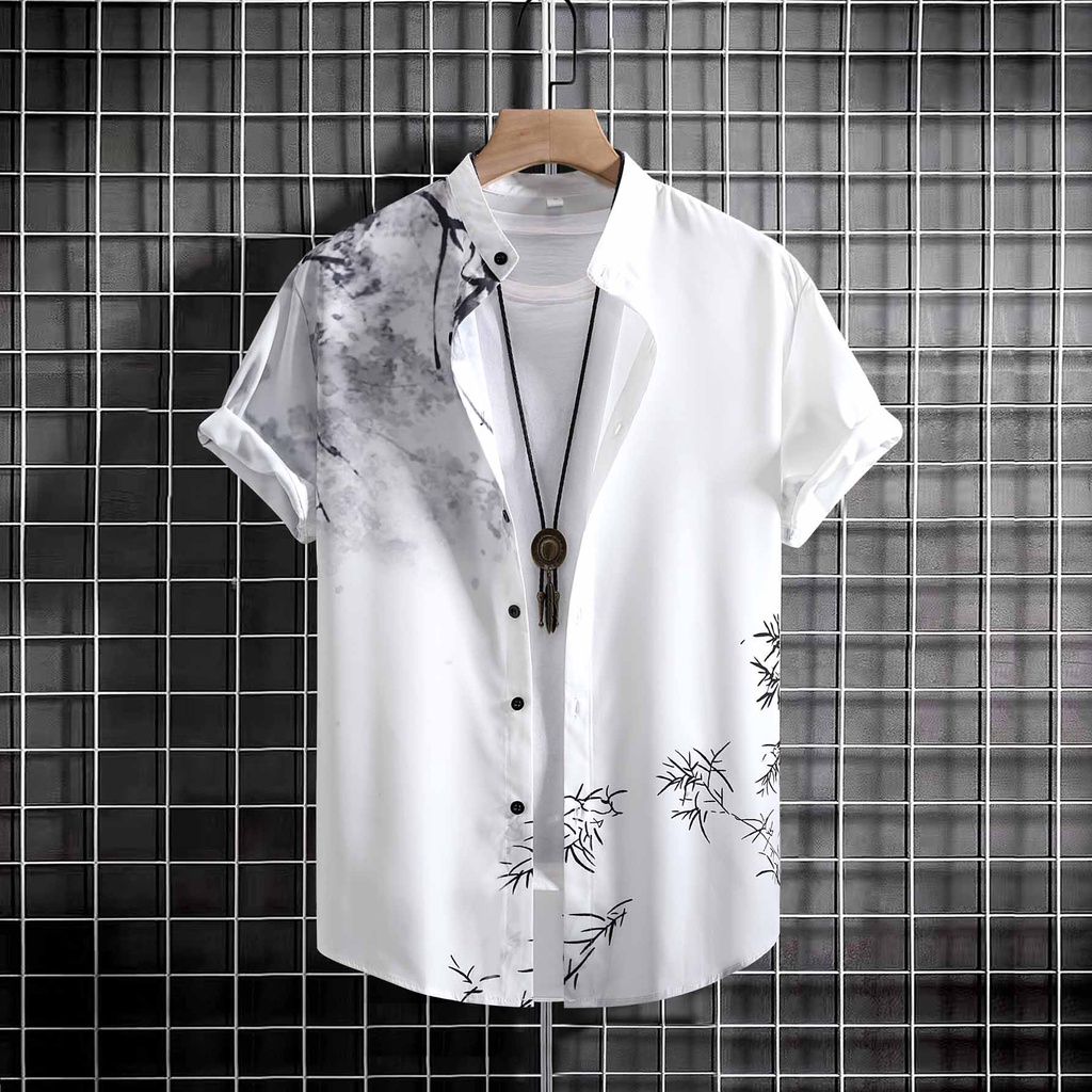 2023 New Men's Casual Loose Stand Collar Short Sleeve Floral Button Shirt Chinese Style Printed Tops Plus Size Grey\ Gold\ Red
