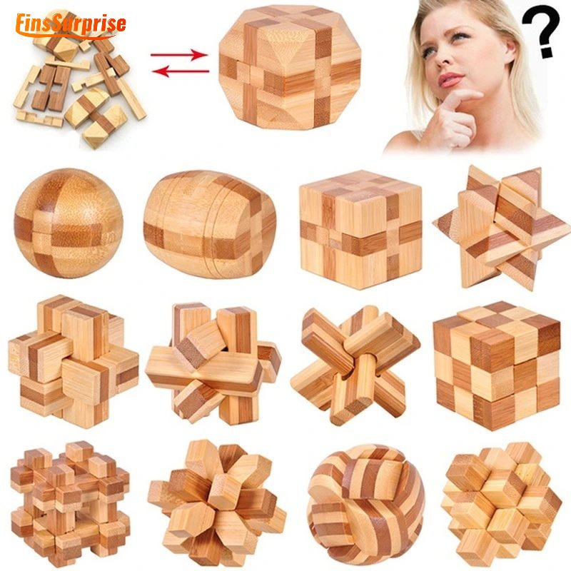 Small Size IQ Brain Teaser Bamboo Kong Ming Lock 3D Wooden Heads ...