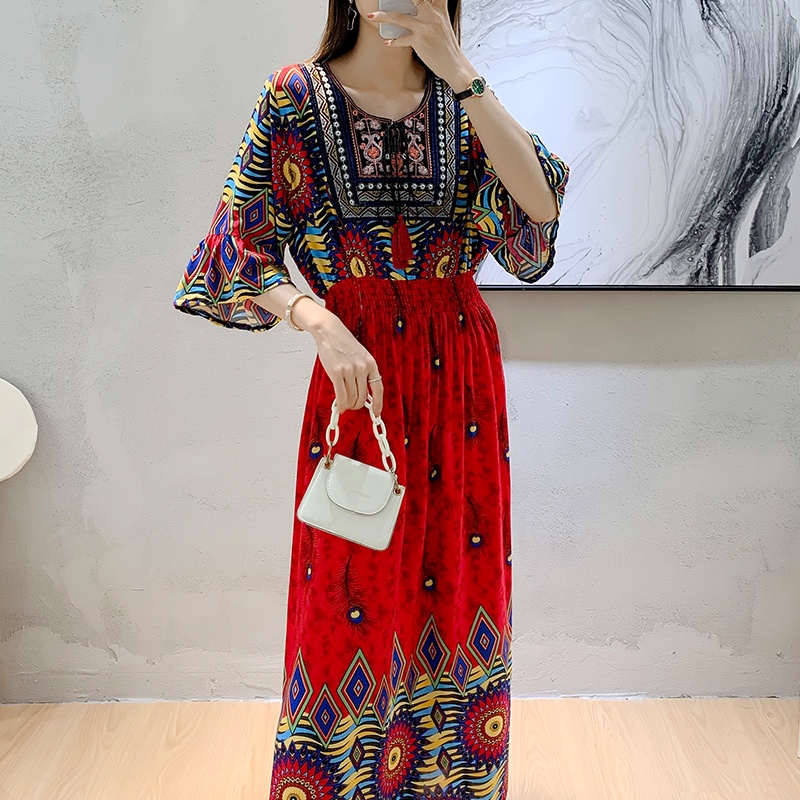 Plus Size Dress Women Bohemian Korean StyleEthnic Vintage Round Neck  Elastic Waist 3/4 Sleeve Travel High Waisted Beach Floral Casual Holiday  Vintage Women Clothes Cotton Dresses