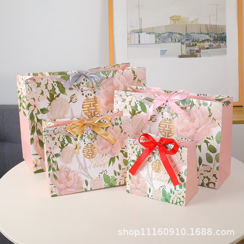 Wedding Paper Bag Chinese Xi Gift Bag Pink Flower Green Leaf Paper Bag ...