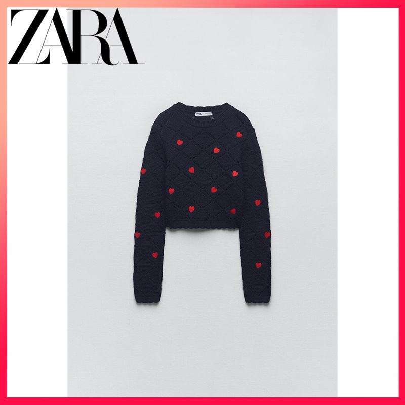 ZARA new women's clothing heart pattern jacquard mesh sweater