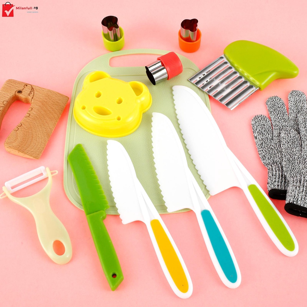 13Pcs Kids Kitchen Cutter Set with Gloves Serrated Edge Cutter Cutting ...
