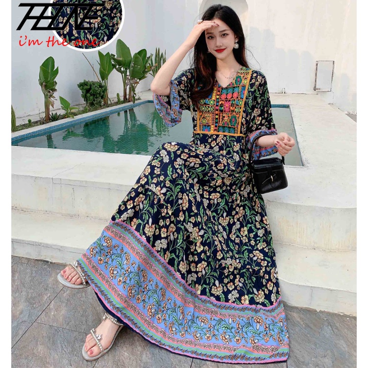 Clothes Women Dress Long Maxi Indian Summer Embroidery Chic Elegant Floral Flower Vintage Frock Prom Bohemian Beach Holiday Party New Casual Dresses Shopee Singapore