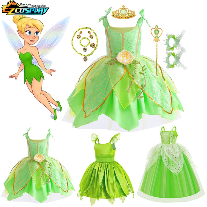 Disney Girls Tinker Bell Dress Halloween Costume Kids Green Tinkerbell Fancy Fairy Princess ...