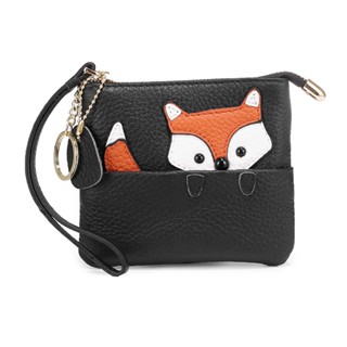 Cute Fox Ultra-thin Small Coin Purse,100% Soft Genuine Leather Change Purse  Wallet With Keychain And Zipper For Girls Women