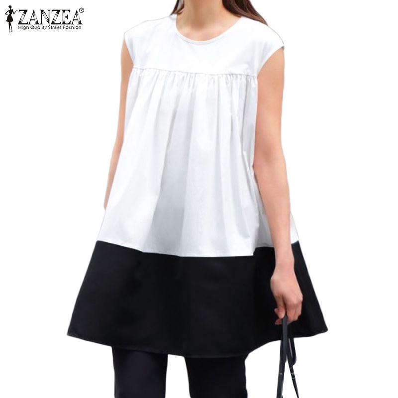 Zanzea Women Korean Casual Round Neck Sleeveless Color Patchwork A Swing Top Shopee Singapore