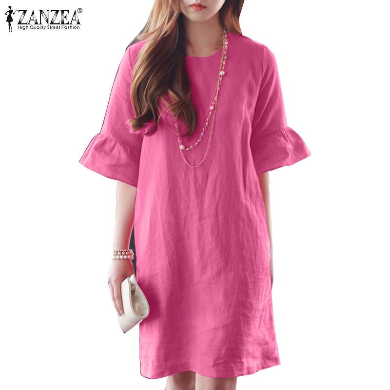 ZANZEA Women Summer Korean Casual Loose Cotton Short Sleeve A Line Mini ...