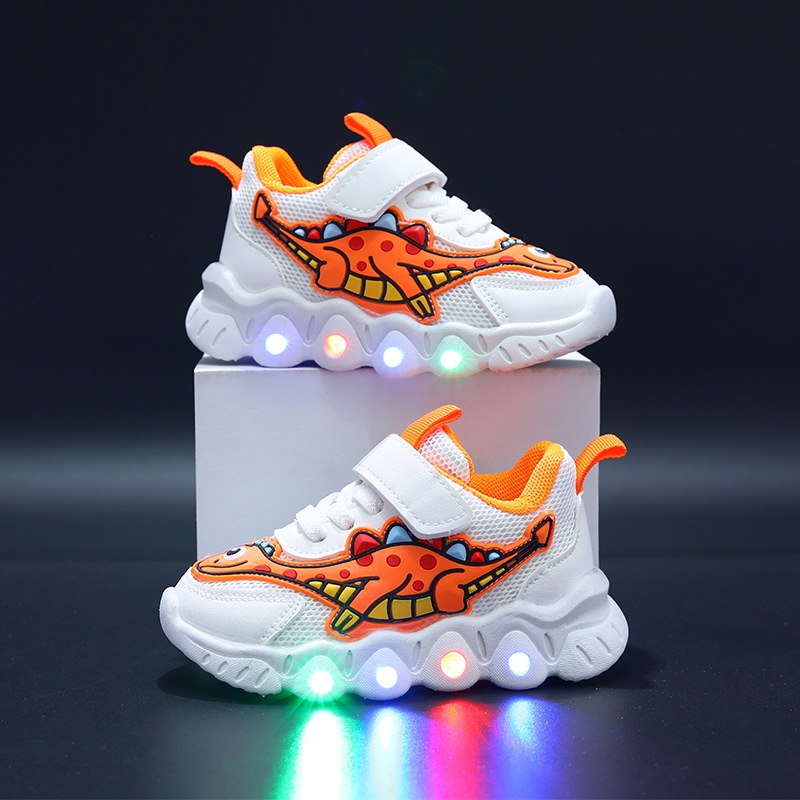 SUGE Kids shoes for boy Cartoon Dinosaur Led Sports Shoes Girl Mesh Breathable Shoes Baby Light Sneakers Shopee Singapore