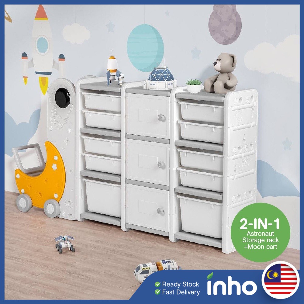 INHO Kids Living Room Astronaut Storage Cabinet Toy Storage Rack Organizer Multifunction Kids Shelf & Moon Cart