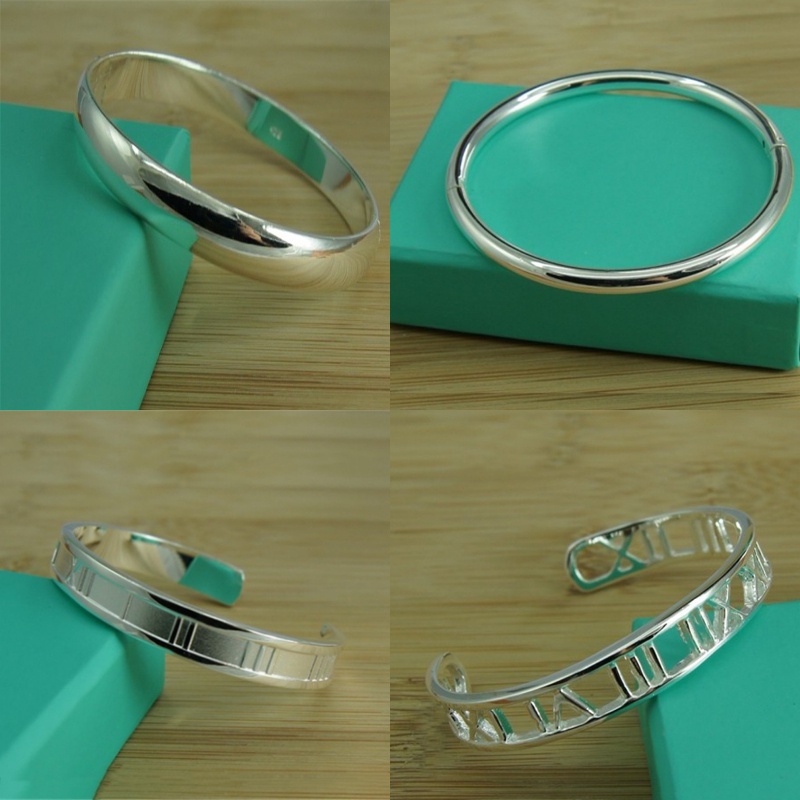 925 Sterling Silver Color Bangles Simple Smooth Cuff Bracelet for Women ...