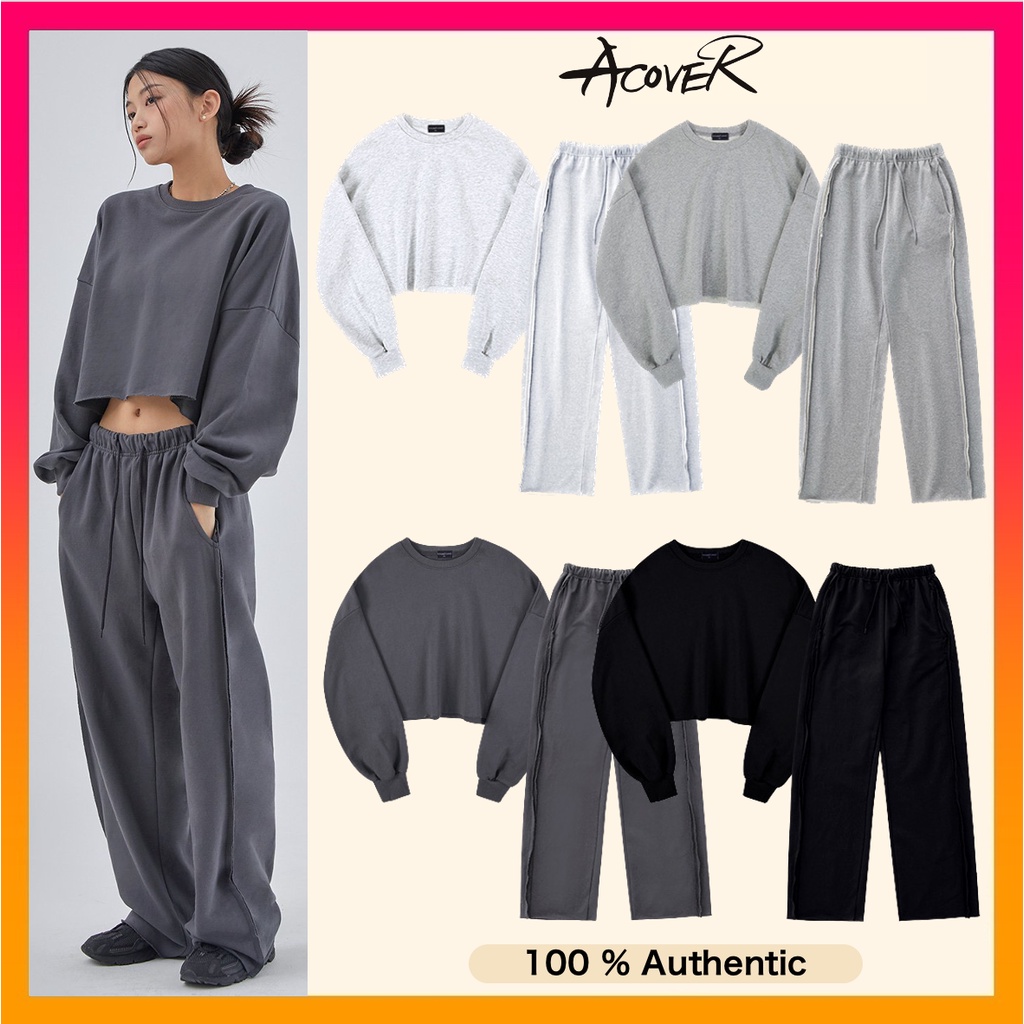 [SET UP] ACOVER Raw Edge Cropped Sweatshirt + Sweatpants 4 Colors
