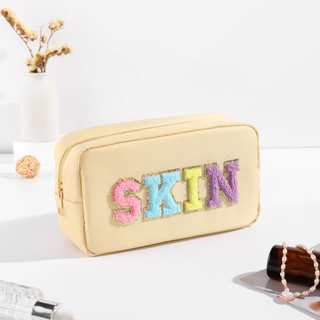  6 Pcs Preppy Patches PU Leather Cosmetic Bag Chenille Letter  Patches Portable Travel Toiletry Bag Preppy Makeup Bag Zipper Pouch Storage  Purse with 26 Decorative Letter Patches for Women Girls