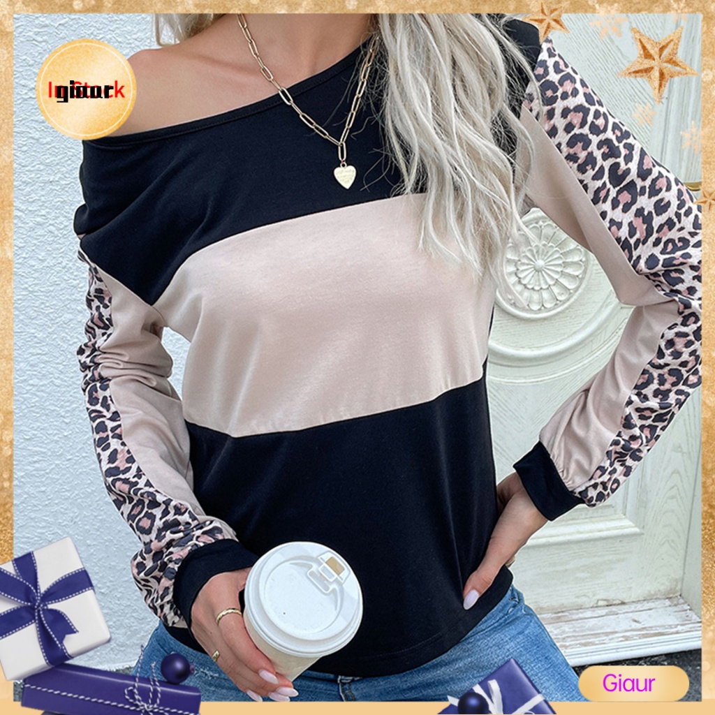 Giaurz  Women Spring T-shirt Patchwork Contrast Color Leopard Print Round Neck Pullover Warm Casual Long Sleeves Women Top Women Clothing