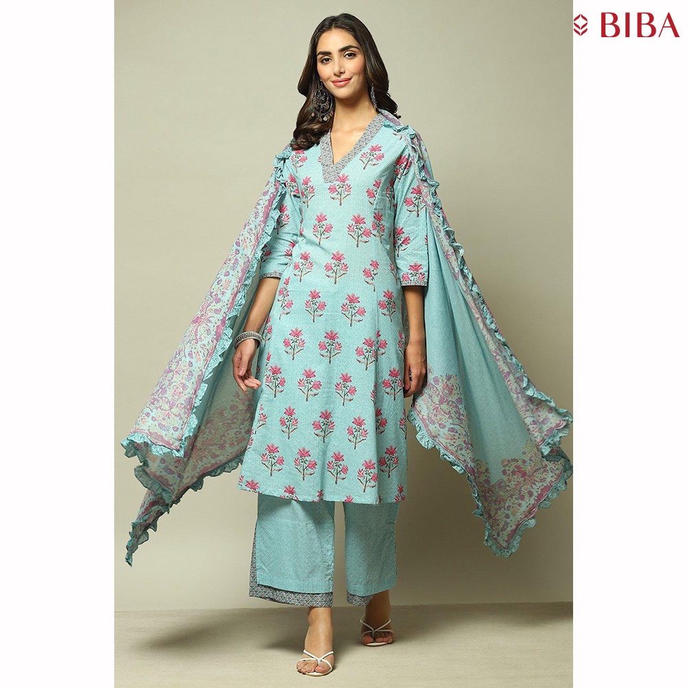 BIBA Ethnic Indian Wear Women's Turquoise Cotton ALine 3/4 Sleeve