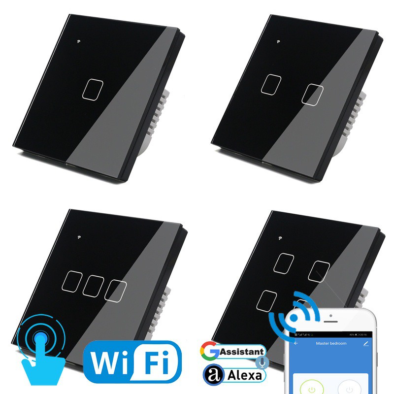 WIFI Touch Light Wall Switch Black Glass Panel Blue LED Smart Home
