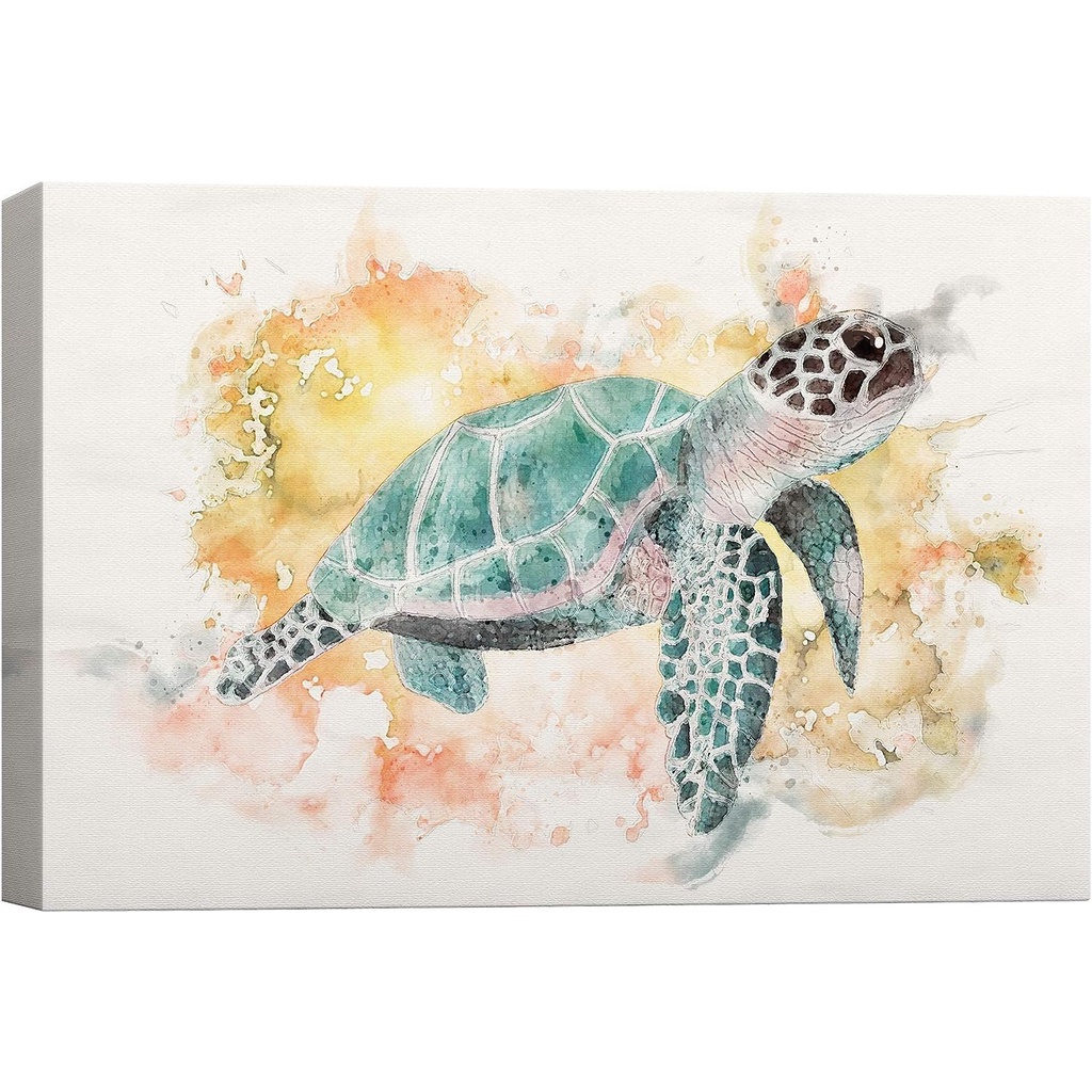 Canvas Wall Art Yellow and Green Hawksbill Sea Turtle Swimming Marine