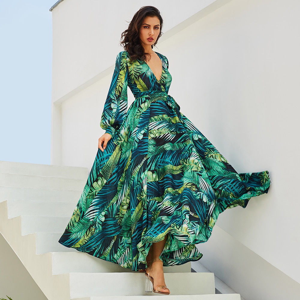 long sleeve umbrella dress 2 color] Hawaiian style Summer print Long sleeve dresses sexy V neck  elegance dresses lantern sleeves Maxi umbrella dress large swing dresses  Women clothes