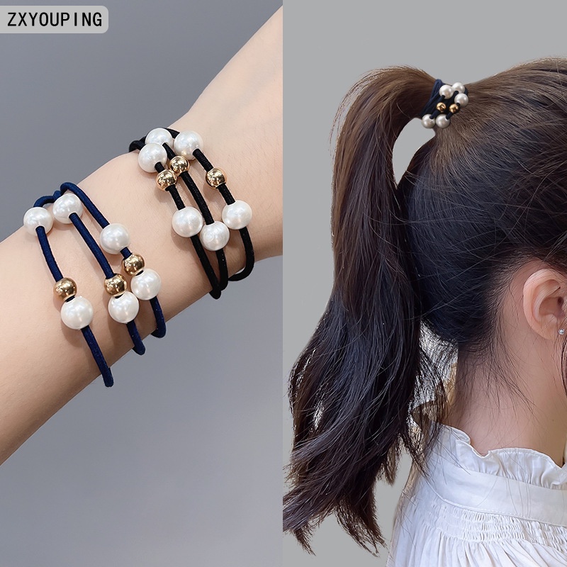 Schicke Perlen-Scrunchies Im Set – 2 Elastische Haargummis Mit Schleife In Elegantem Schwarz