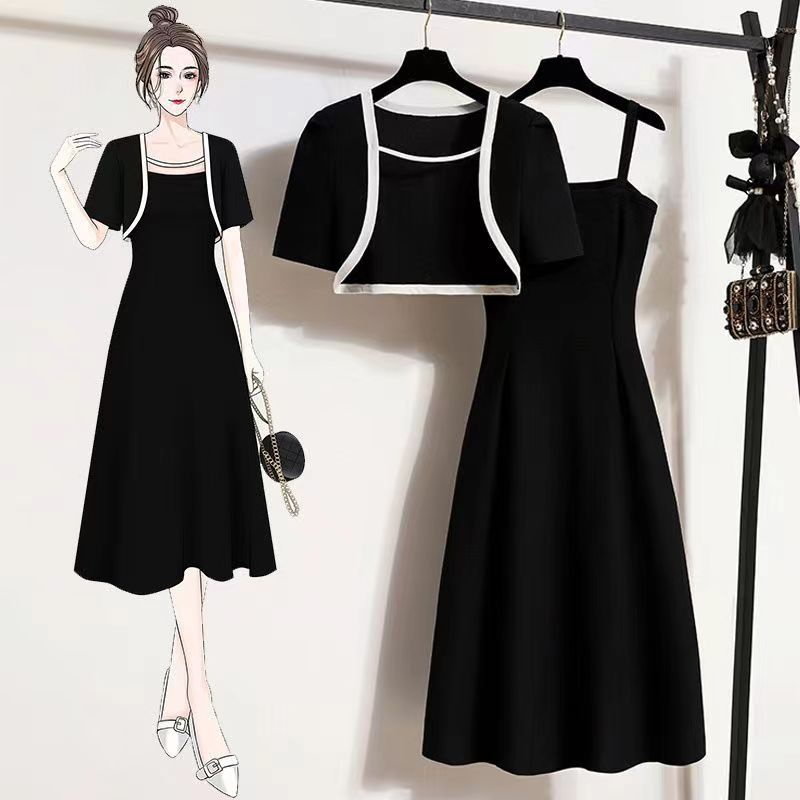 [Ready Stock Hot Sale] Summer New Style Plus Size Women's Clothing Sling Dress Suit Casual Women Slimmer Look Black Skirt Two-Piece Korean Version Short Fashion Cardigan Jacket