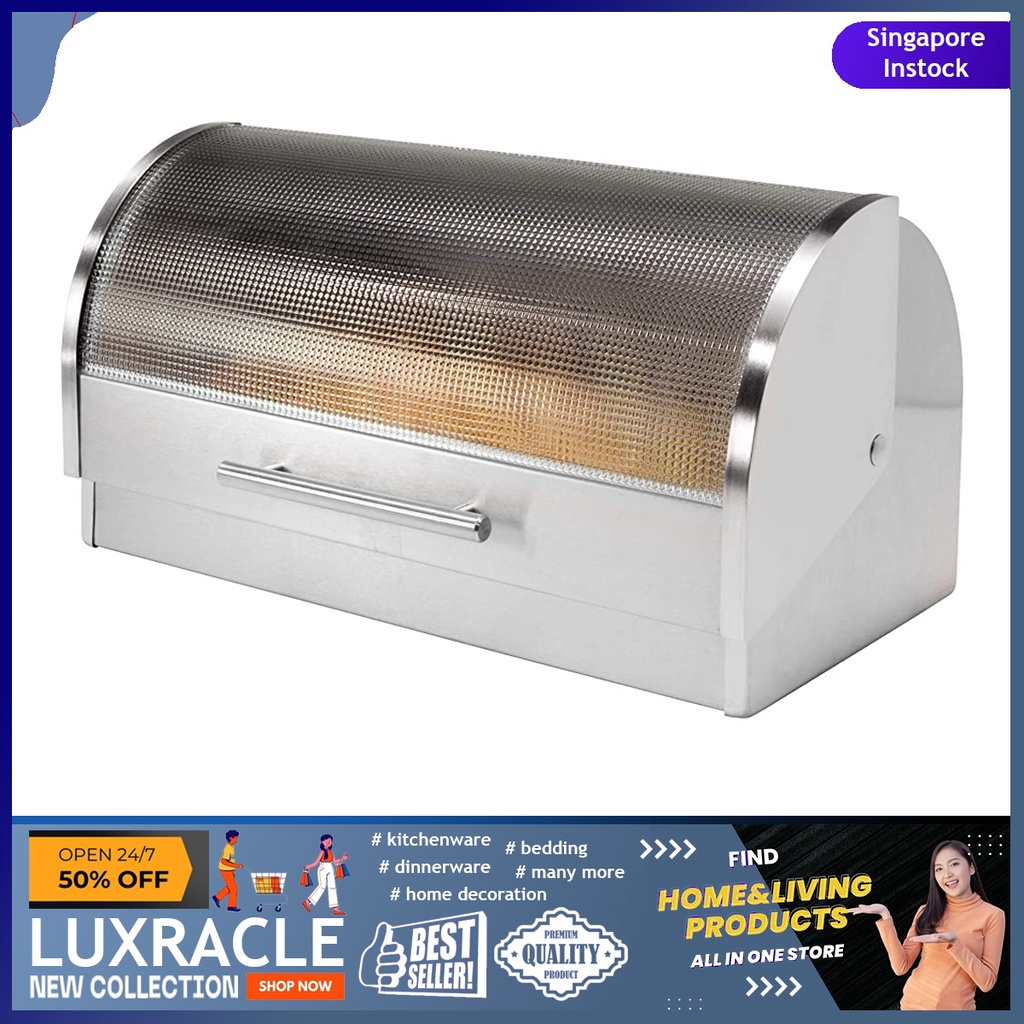 [sgstock] Oggi Stainless Steel Roll Top Bread Box with Tempered Glass