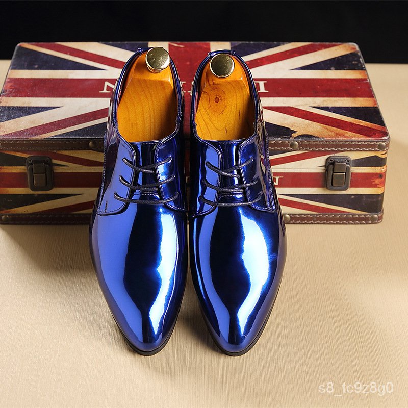 Fashion Trend Patent Leather Men Wedding Shoes Gold Blue Red White Oxfords Shoes Designer Pointed Toe Dress Shoes Big Si