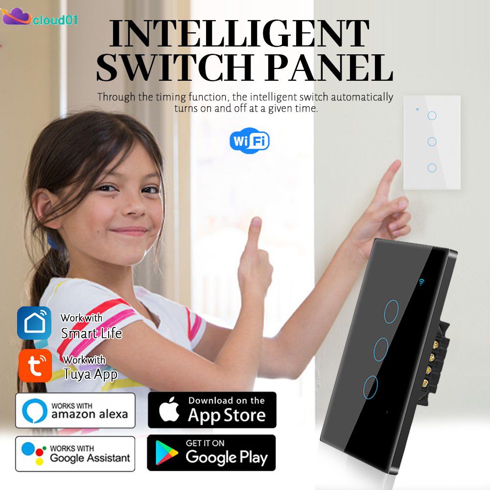 Tuya Wifi Smart Switch Touch Panel Glass Screen Us 1/2/3/4 Gang Light