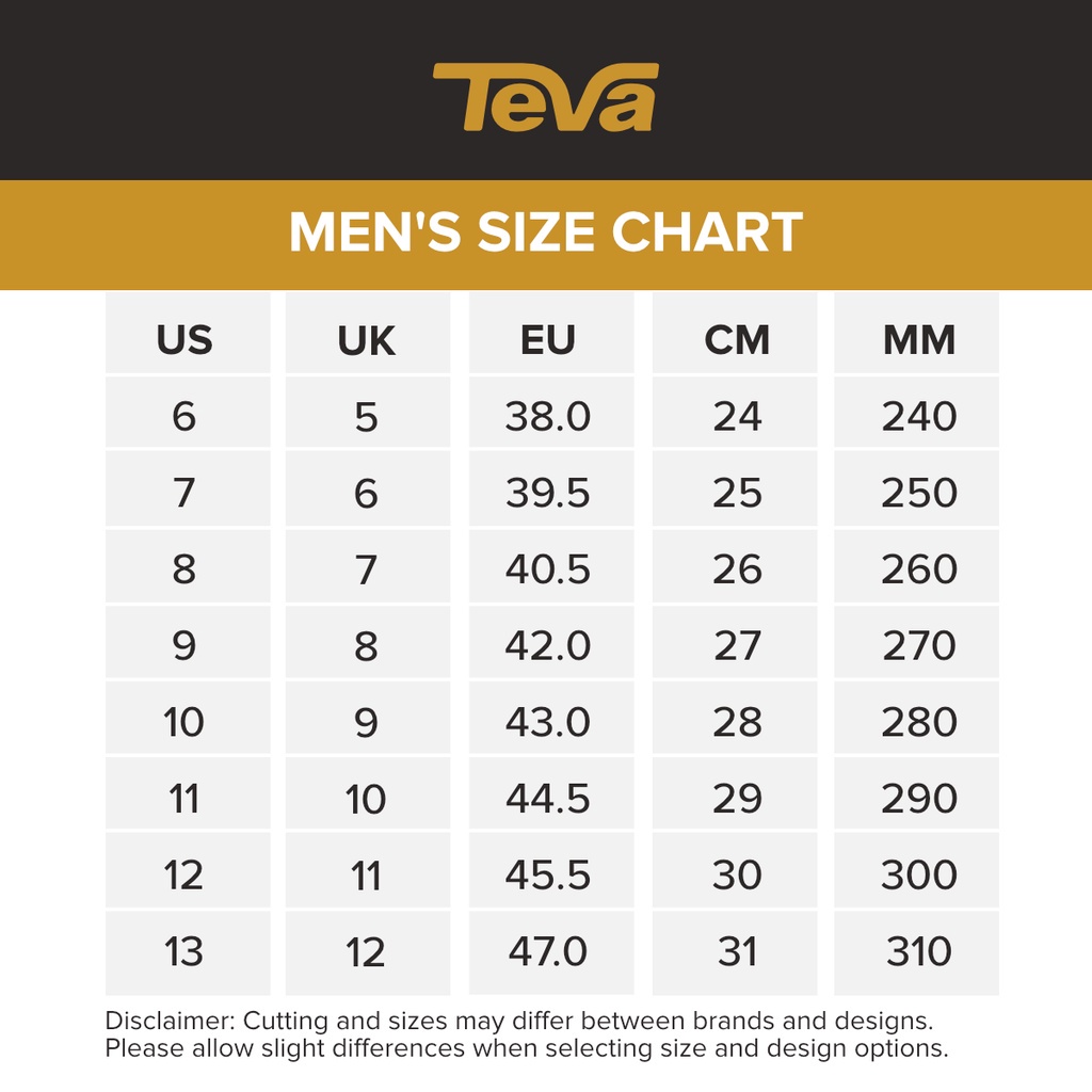 Tevas cheap size chart