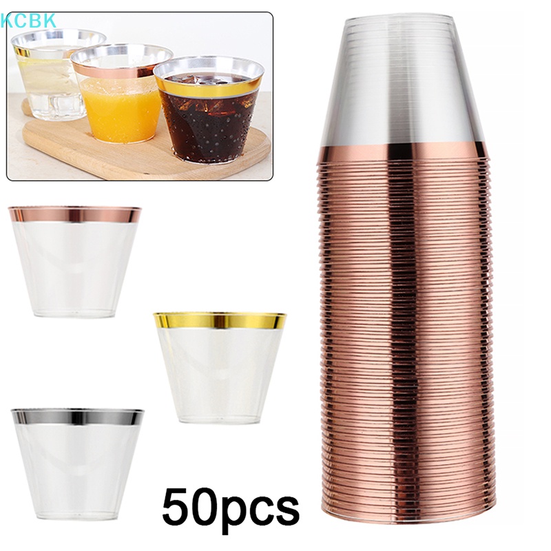 KC 50Pcs Rose Gold Disposable Cups Transparent Plastic Cup Wine Glass