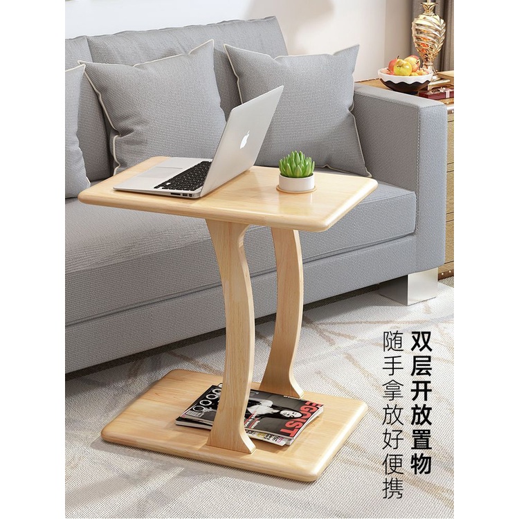 Nordic Log Color Solid Wood Side Table With Wheels Movable Sofa Small Table Storage Mini Small