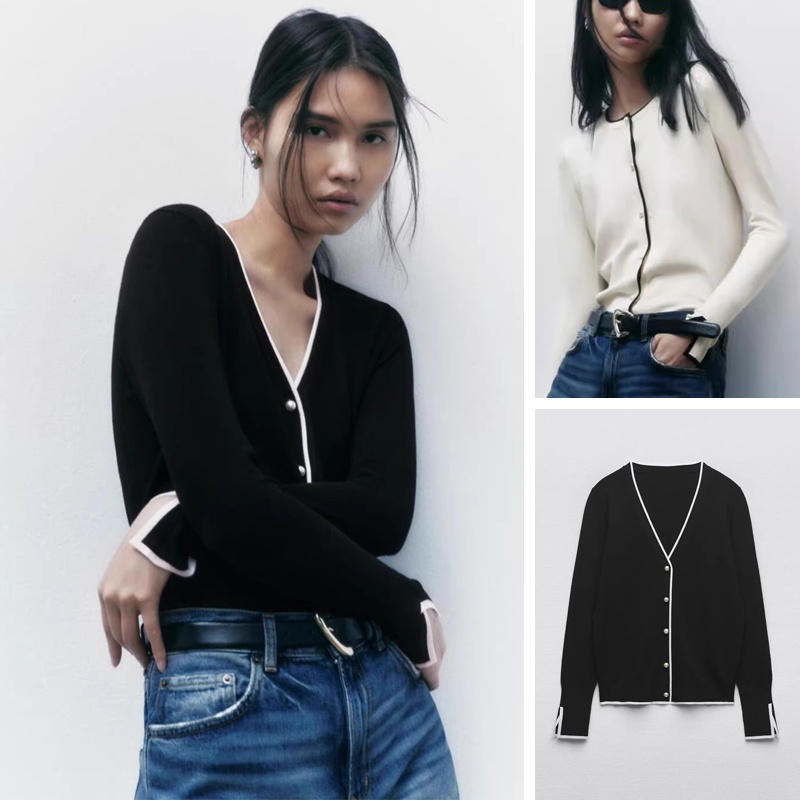 2025's new spring contrasting pearl button V-neck knit cardigan women's ...