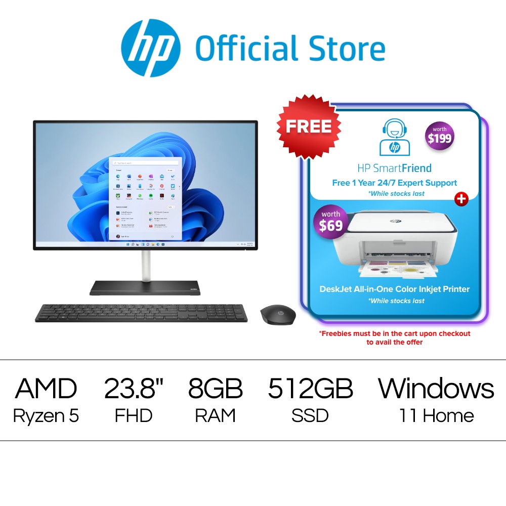 HP 24-cb0030d All-in-One PC / AMD Ryzen 5 5500U / AMD Radeon Graphics / 8GM RAM / 512 SSD / Windows 11 / 1 Year Onsite