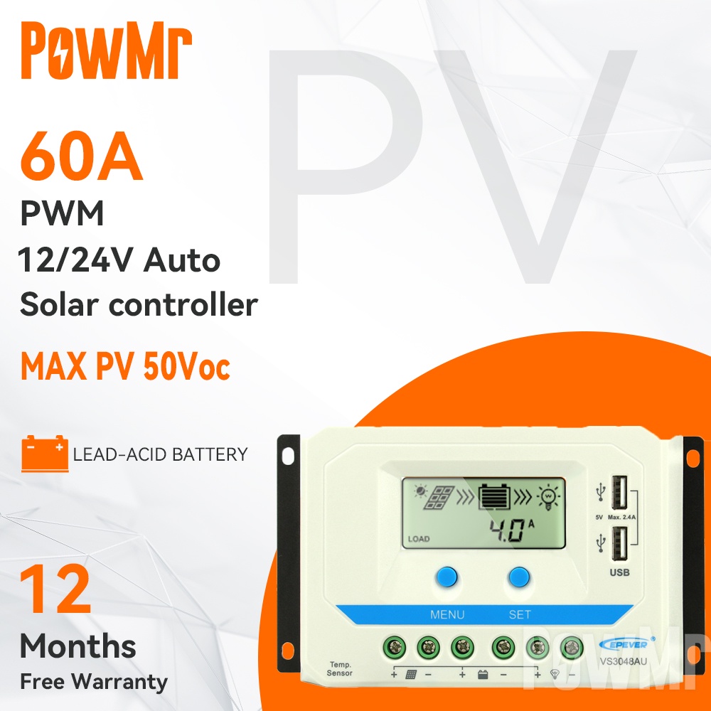 Powmr 60a Pwm Solar Charger Controller 12v 24v Auto Backlight Lcd Solar Panel Regulator Dual Usb 6651