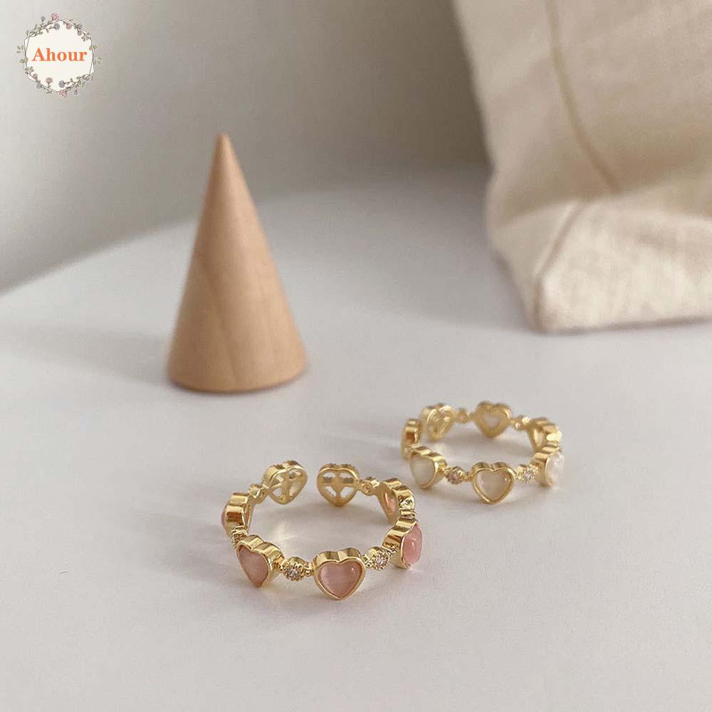 AHOUR Sweet Open Ring Simple Opal Stone Finger Ring Women Love Heart Creative Party Gifts Girls Zircon Fashion Jewelry/Multicolor