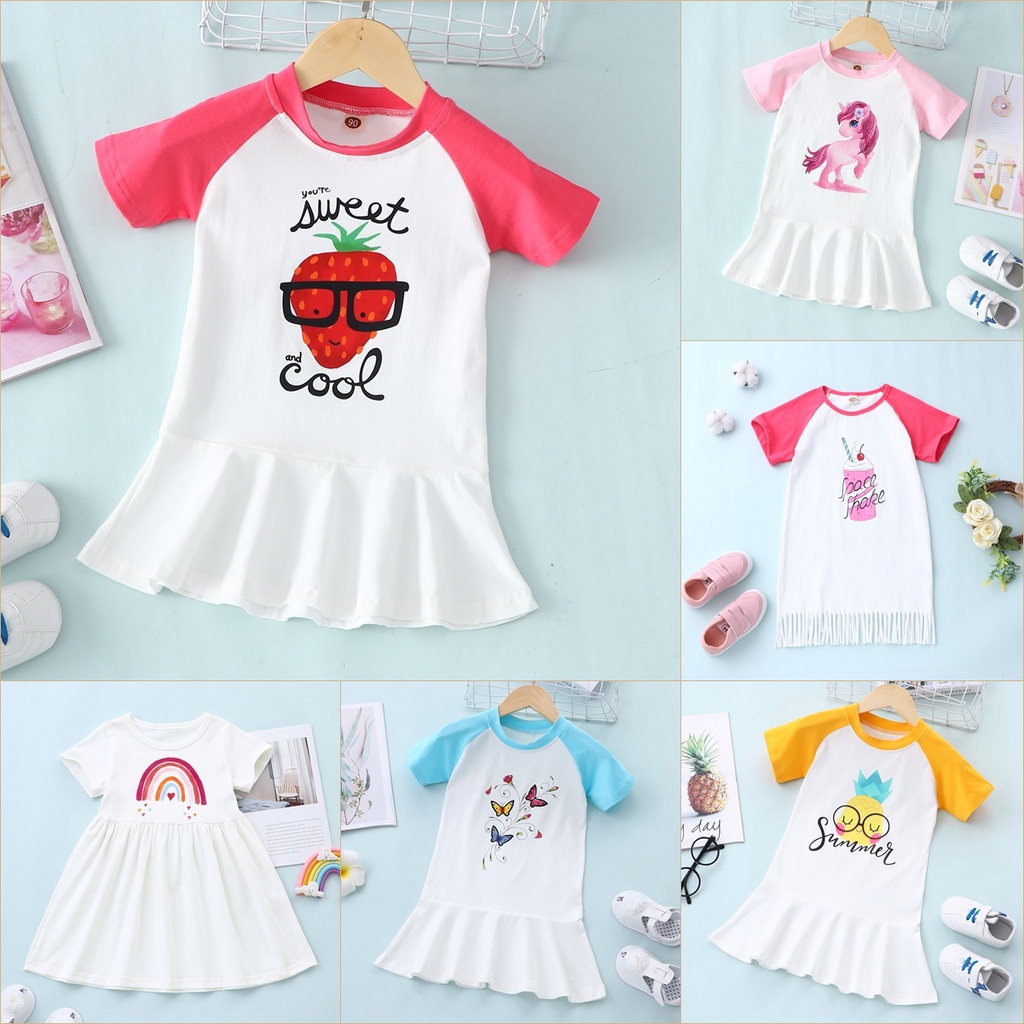 Low Price 2023 Baby Dress 2 7Years Old Baby Girls Clothes Summer Short Sleeve Cotton Cratoon Toddler Kids Dresses 3 4 5 6 7 Years Old