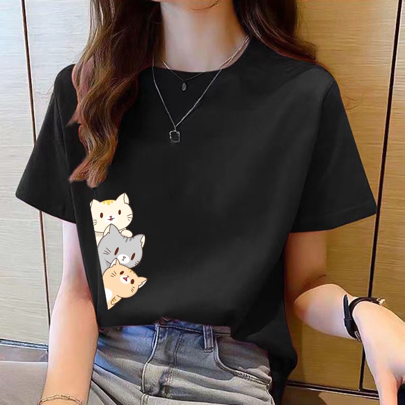 Summer New Style Short-Sleeved T-shirt Girls Clothes Versatile Round Neck Printed Korean Version Meow Large Size Women's Fitted Tops Clothing Slimmer Look T
