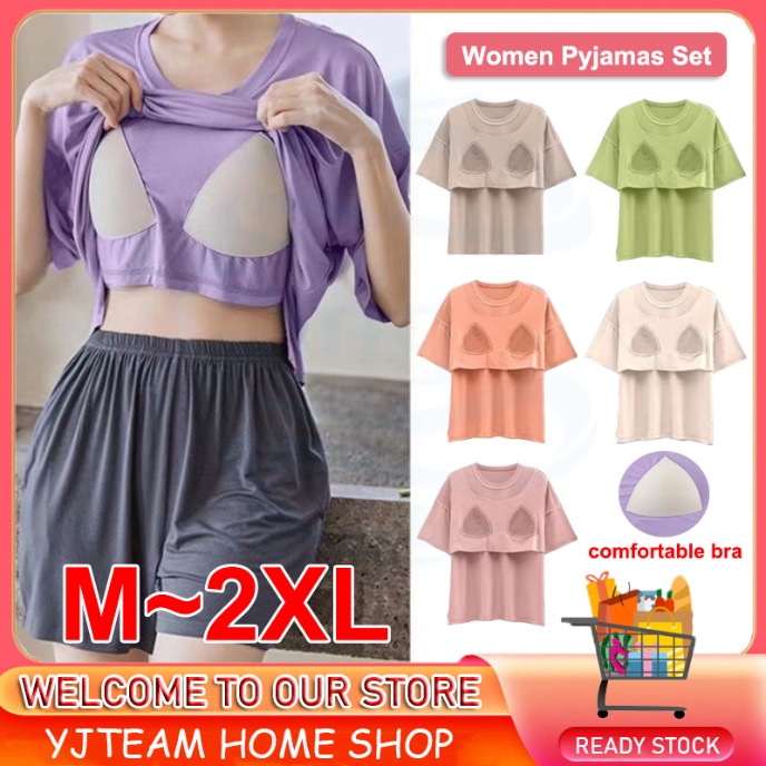 2023 NEW Pajamas Women Milk Silk Pyjamas Set Chest Pad Summer Short