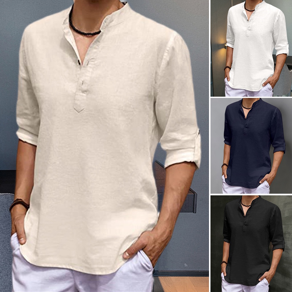 GS Men Summer Shirt Long Sleeve Breathable 5 Sizes Beach Party Dating Men Flax Henley Shirt for Street Wear Shopee Singapore