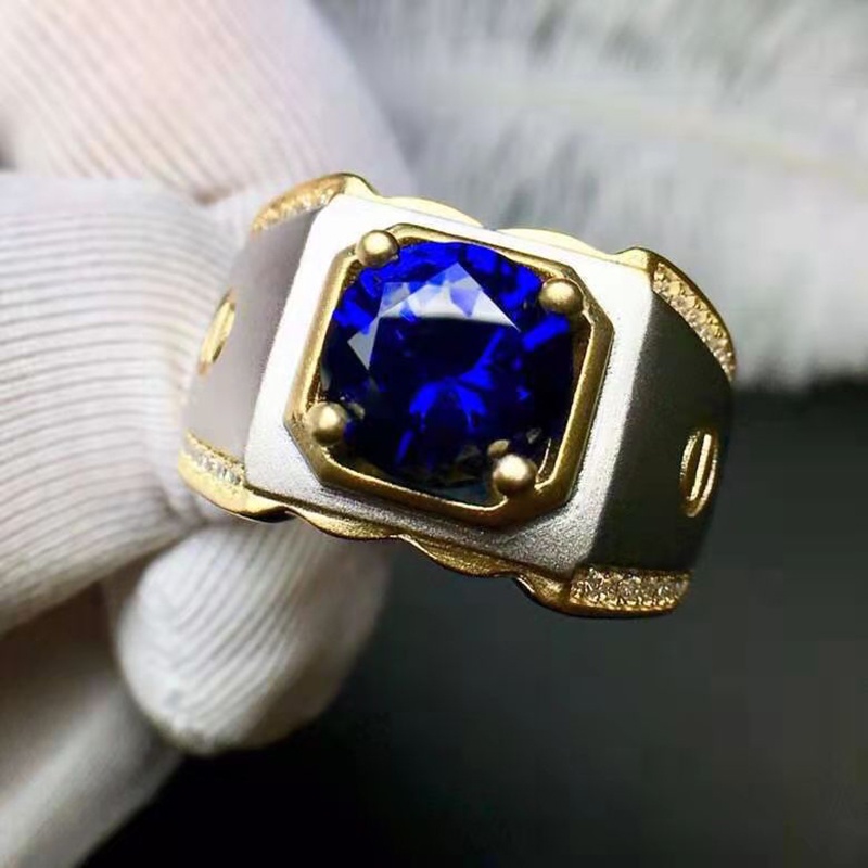 Mens gold ring sale with blue sapphire