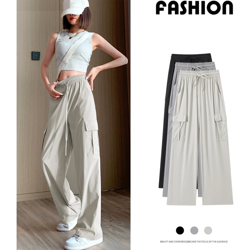 For 40-72kg Cargo Pants Women Ice Silk Sport Casual Baggy Wide Leg