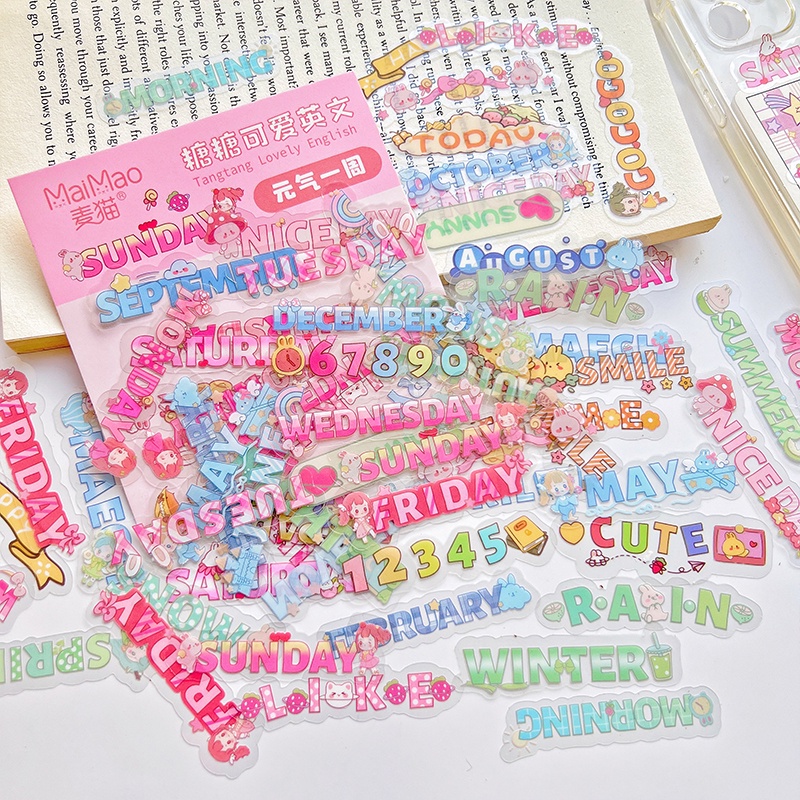 48 Pcs Cartoon English Words Stickers Pack Student Lovely Decorative