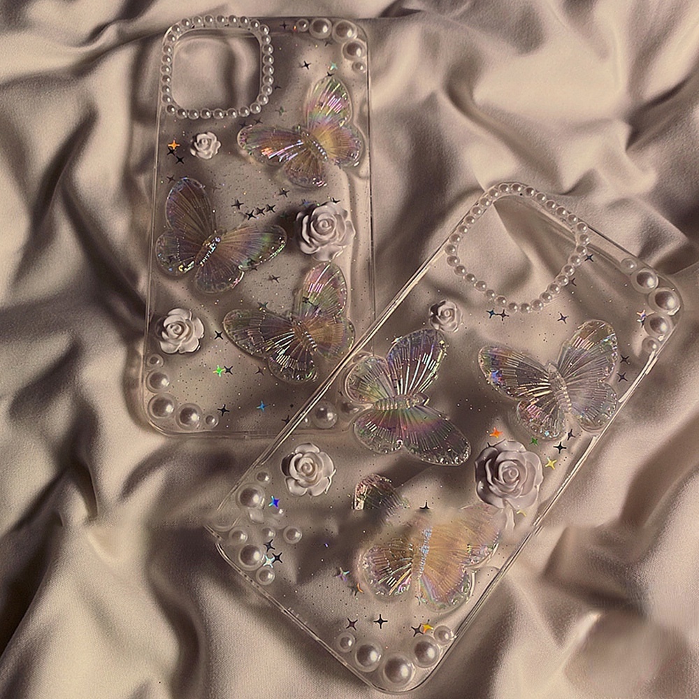 Epoxy Pearl Butterfly Flower Acrylic Hard Phone Case For iPhone 14 13 12 11 Pro Max X XR XS Max 8 7 Plus Phone Casing Anti-fall Phone Cover