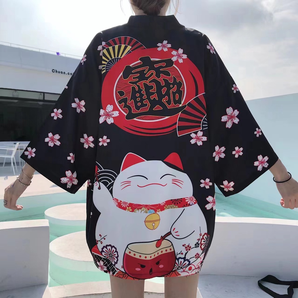 Plus Size Fashion Beach Yukata Japanese Cartoon Lucky Cat Cardigan ...
