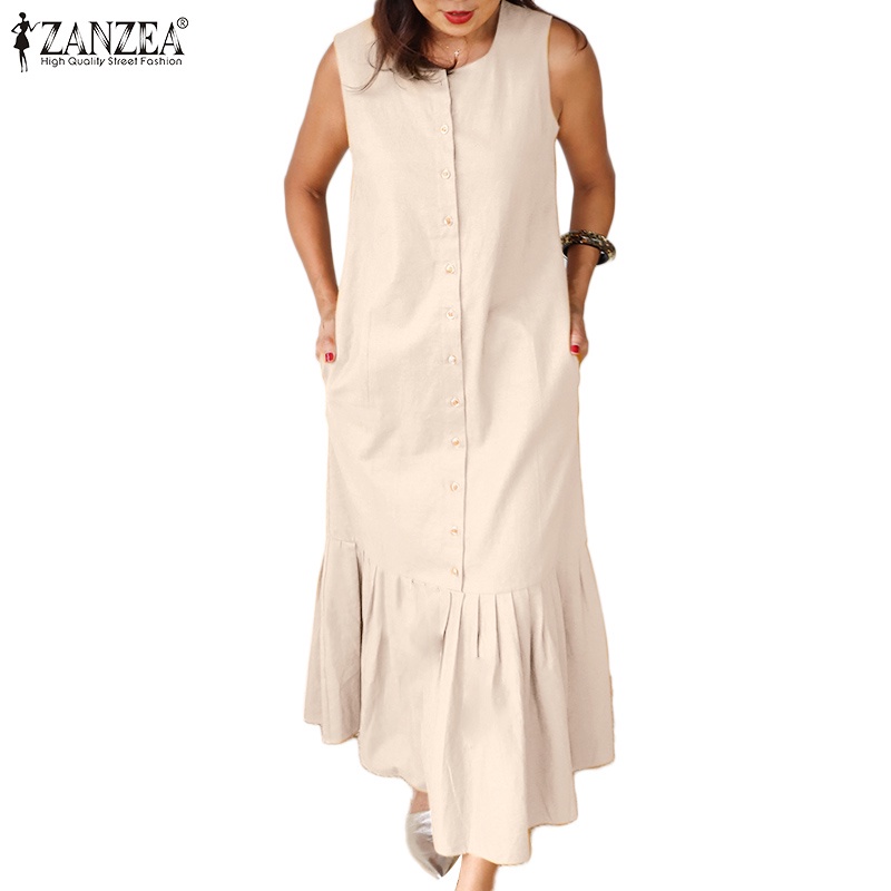 Zanzea Women Korean Fashion Loose Sleeveless Round Neck Pockets Maxi