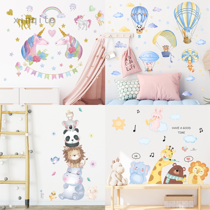 kuhong1 Watercolor Animals Hot Air Balloon Clouds Wall Stickers For ...
