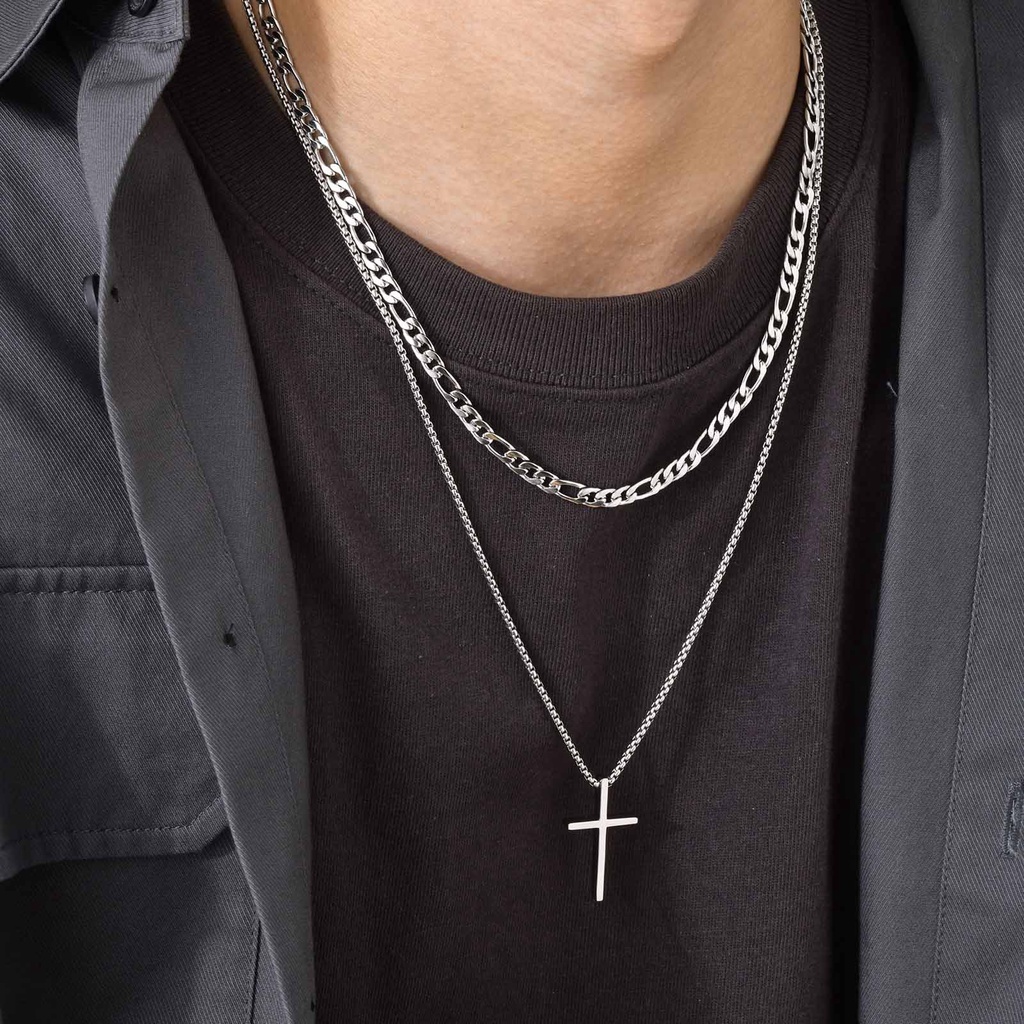 Simple Cross Chain Stacking Necklace Set for Men, Stainless Steel Rope Figaro Cuban Wheat Box Chain Double Layers Collar