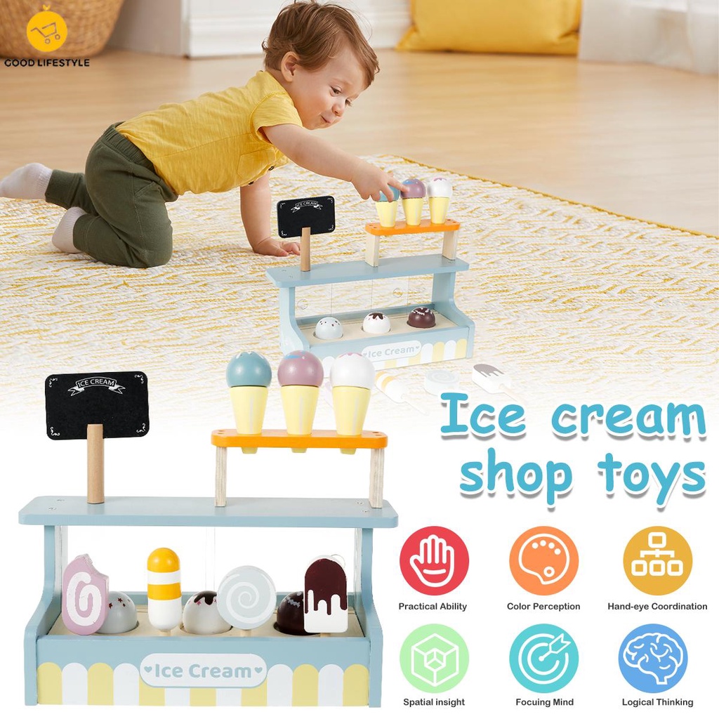 Ice Cream Toy Wooden Serve Ice Cream Counter Toy Set Pretend Play Ice ...